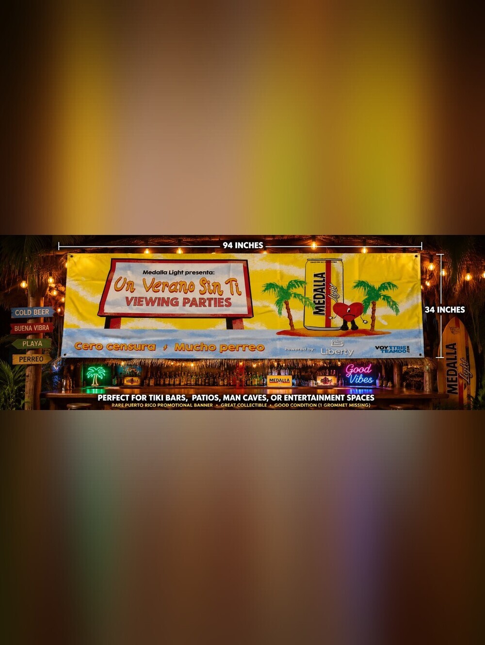 Rare Medalla Light “Un Verano Sin Ti” Puerto Rico Promo Banner 94” Bad Bunny Era
